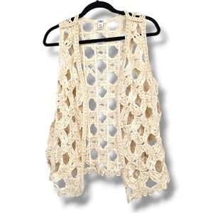 Cato Crochet Vest Sleeveless Top‎ Open Front Floral Pattern Beige Small S